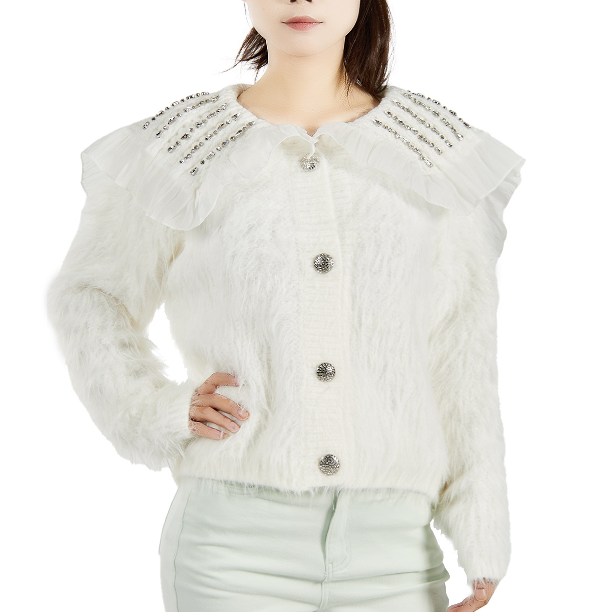 Custom Luxury Women’s Artificial Animal Hair Rhinestone Doll Collar Cardigan Elegant Soft Knit Sweater