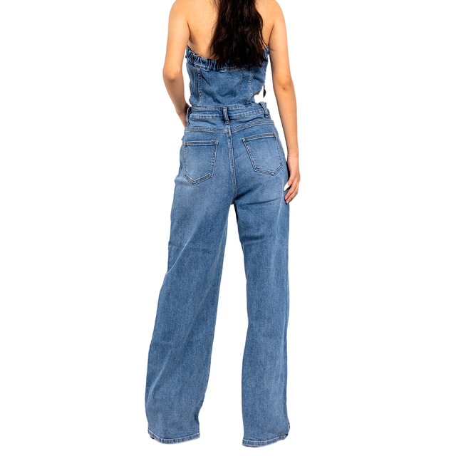 Custom Women Blue Strapless Denim Straight-leg Jumpsuit