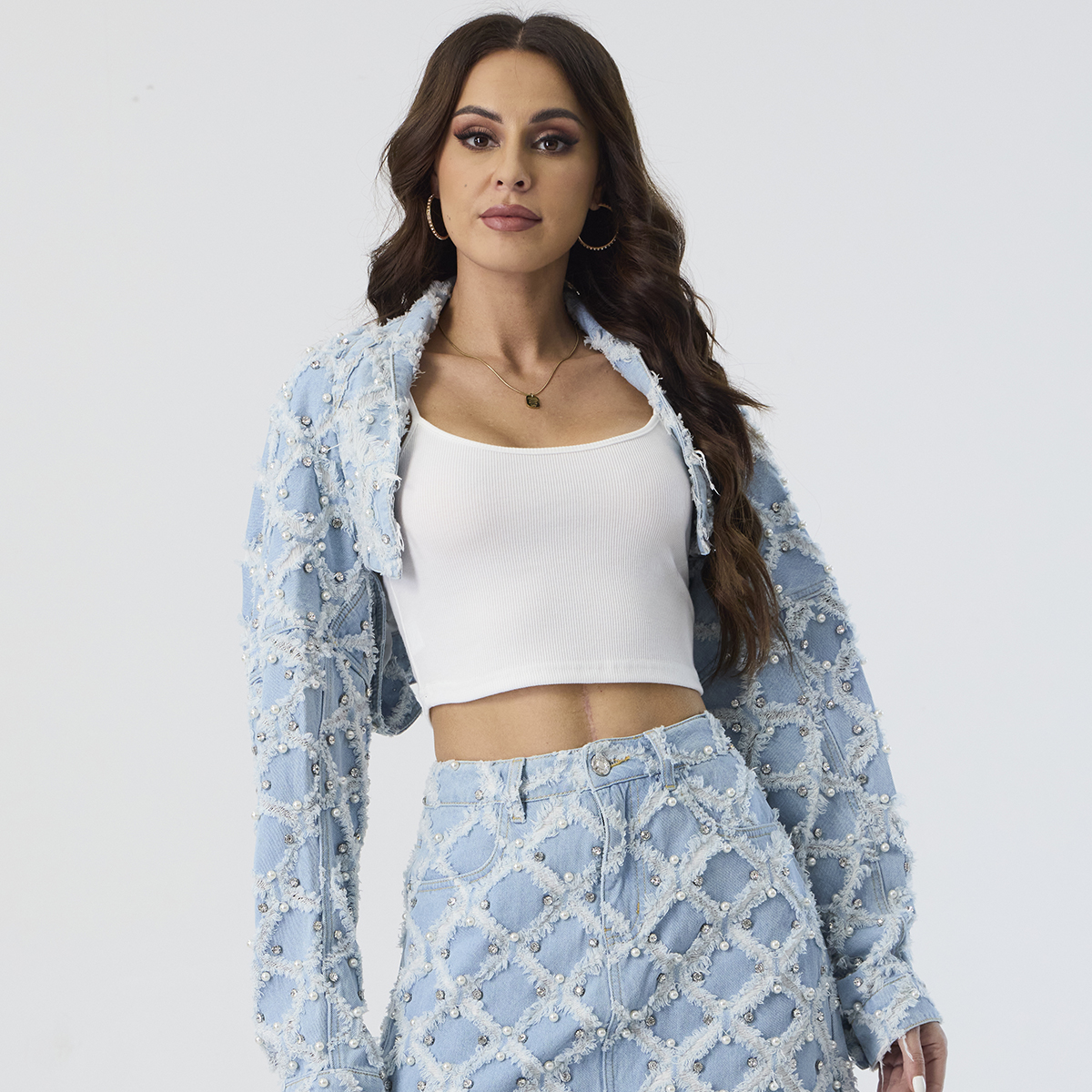 Custom Women’s Pearl Embellished Denim Two-Piece Set