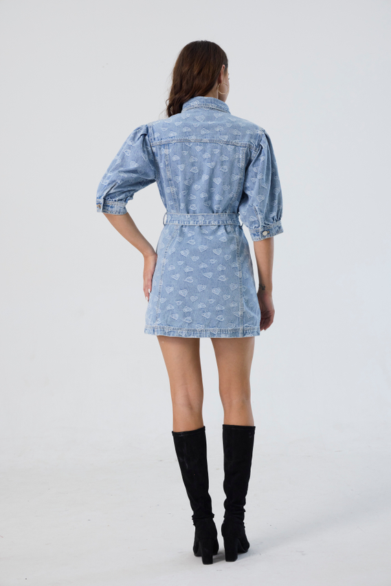 Custom Light Blue Puff-Sleeve Denim Shirt Dress with Belt Button-Down Jean Mini Dress for Women