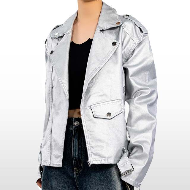 Custom Designer Jean Jacket Silver Coat Leather Biker Jacket