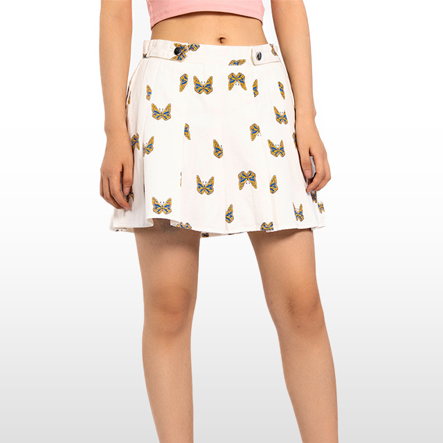 Custom Pleated Denim Skirts White Prited Butterfly Colorful Skirt 