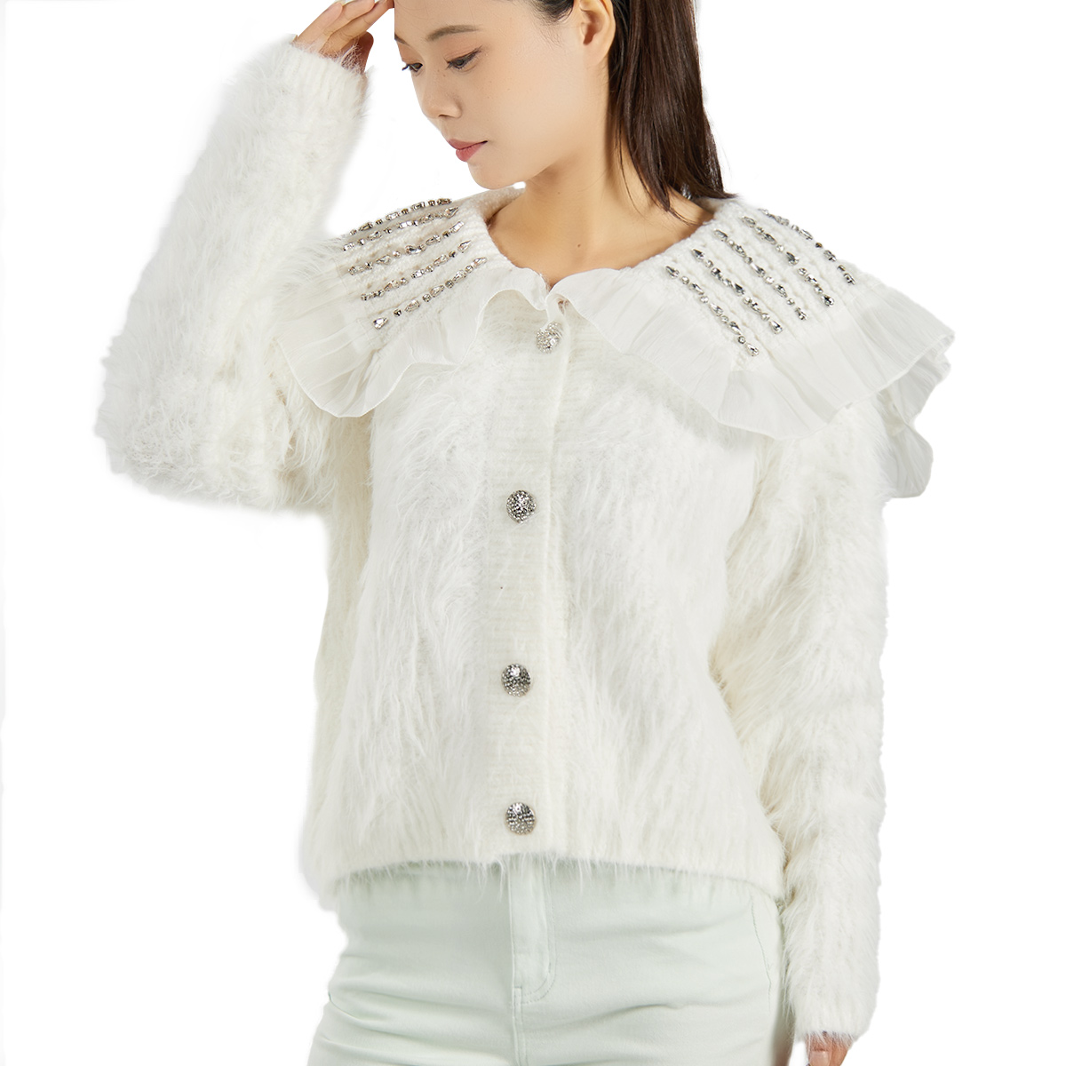 Custom Luxury Women’s Artificial Animal Hair Rhinestone Doll Collar Cardigan Elegant Soft Knit Sweater