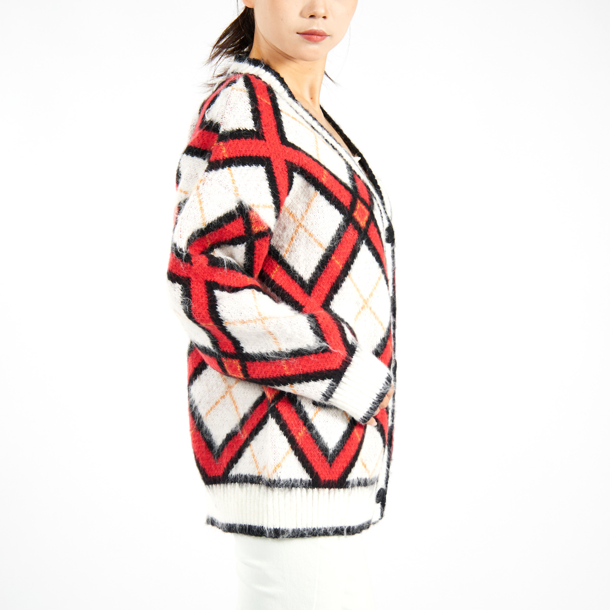 Custom Trendy Color Block Sweater Mohair Knit Cardigan for Women Oversized Unisex Knitwear