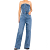 Custom Women Blue Strapless Denim Straight-leg Jumpsuit