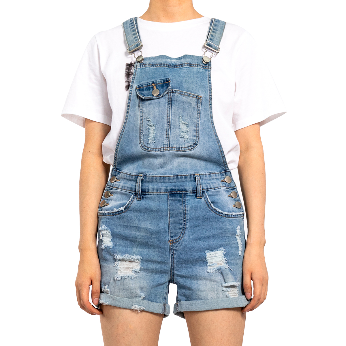 Custom Short Light Blue Denim Jumpsuit for Petite Women