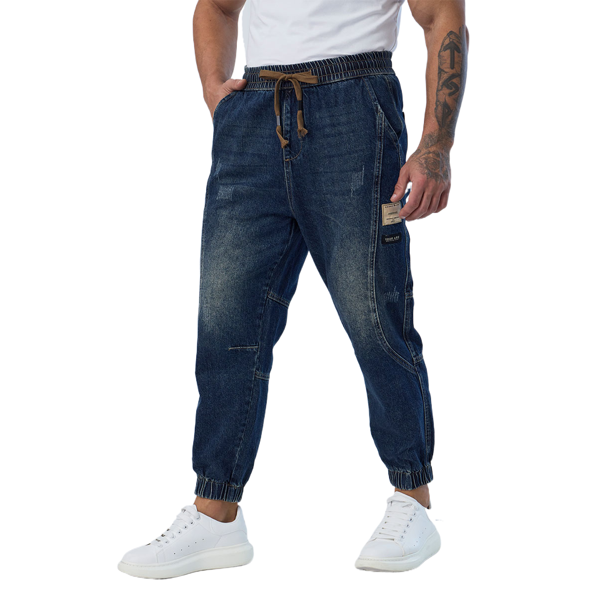 Custom Men’s Elastic Waist Denim Jogger Pants Casual Tapered Fit Streetwear Jeans