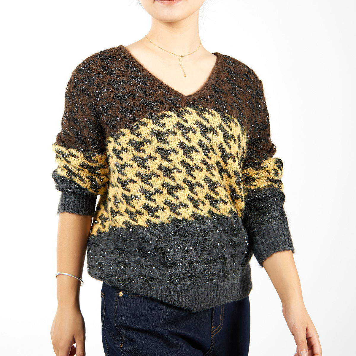 Custom Houndstooth V-Neck Sequin Contrast Knit Sweater