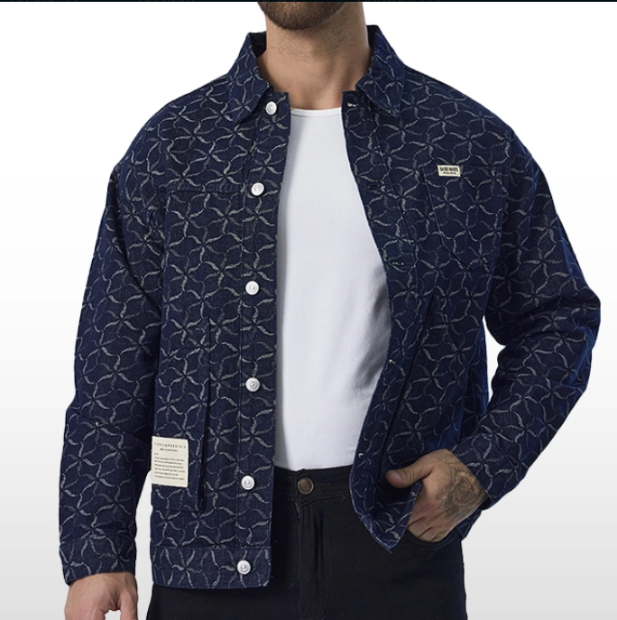 Custom Dark Blue Jacket Printed Long Sleeve Plaid Jacket for Men