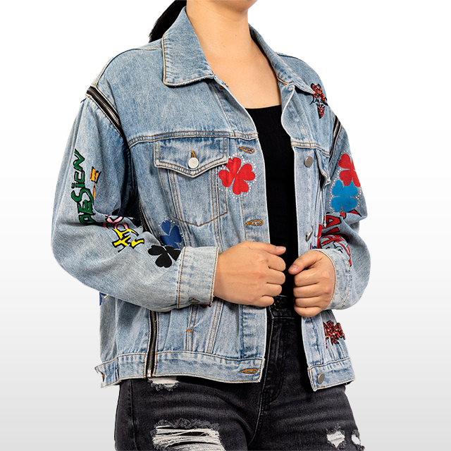 Custom Printed Graffiti Jean Jacket Light Blue Long Denim Jacket
