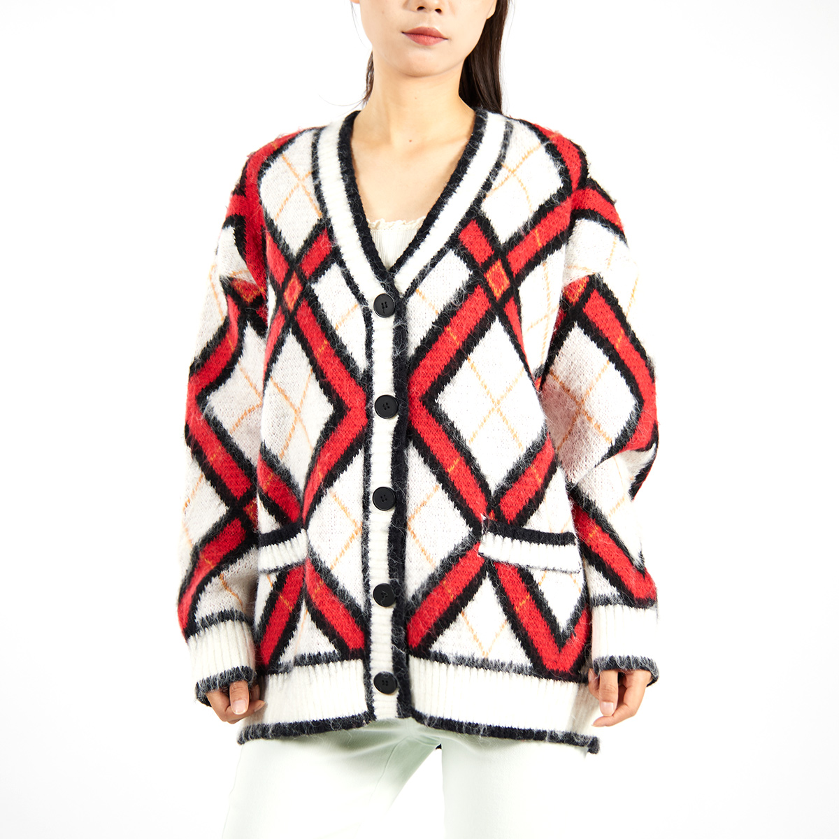Custom Trendy Color Block Sweater Mohair Knit Cardigan for Women Oversized Unisex Knitwear