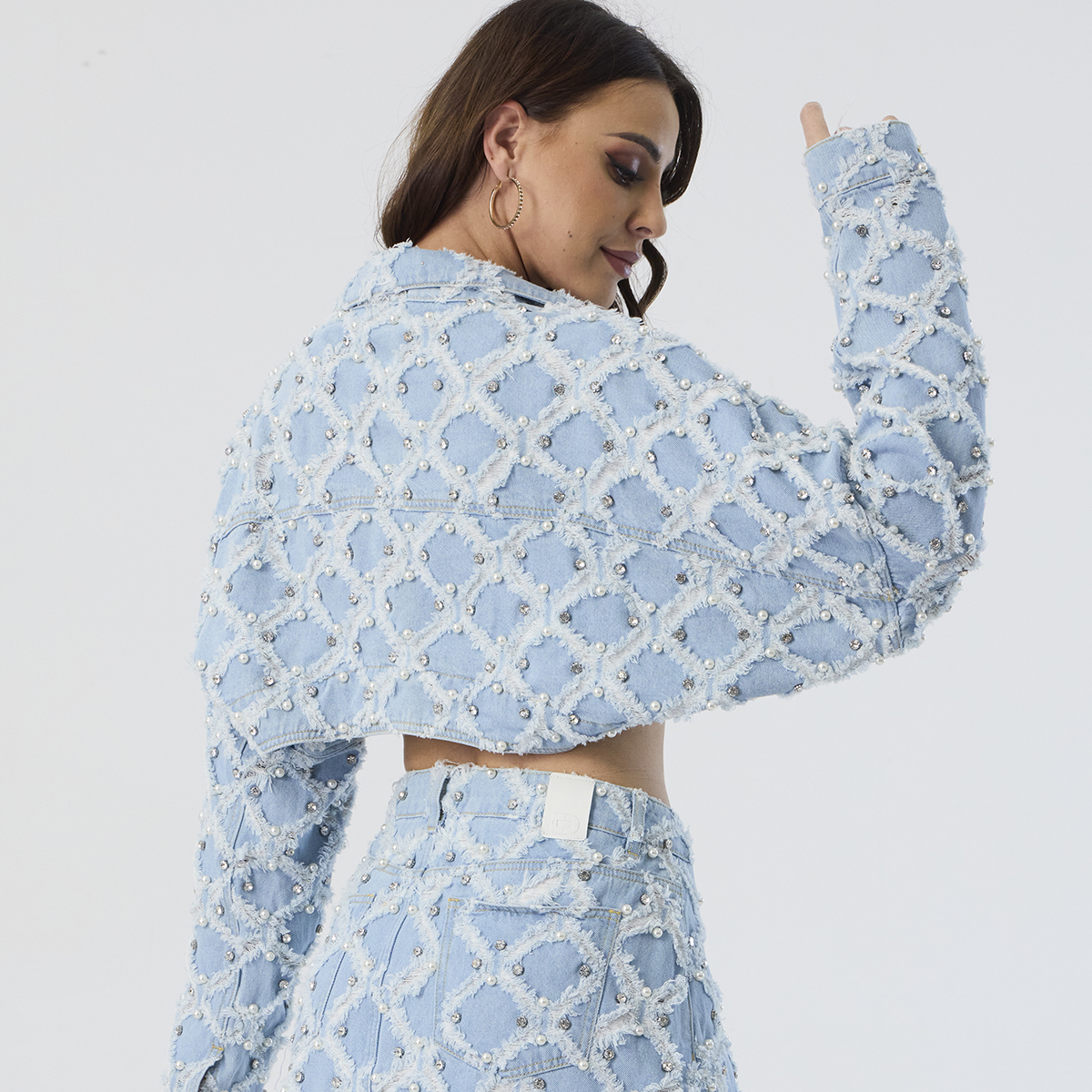 Custom Women’s Pearl Embellished Denim Two-Piece Set