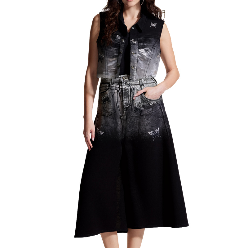 Custom Women's Trendy Metallic Streetwear Outfit 2PCS Coated Denim Set