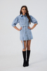 Custom Light Blue Puff-Sleeve Denim Shirt Dress with Belt Button-Down Jean Mini Dress for Women