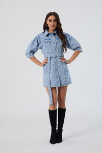 Custom Light Blue Puff-Sleeve Denim Shirt Dress with Belt Button-Down Jean Mini Dress for Women