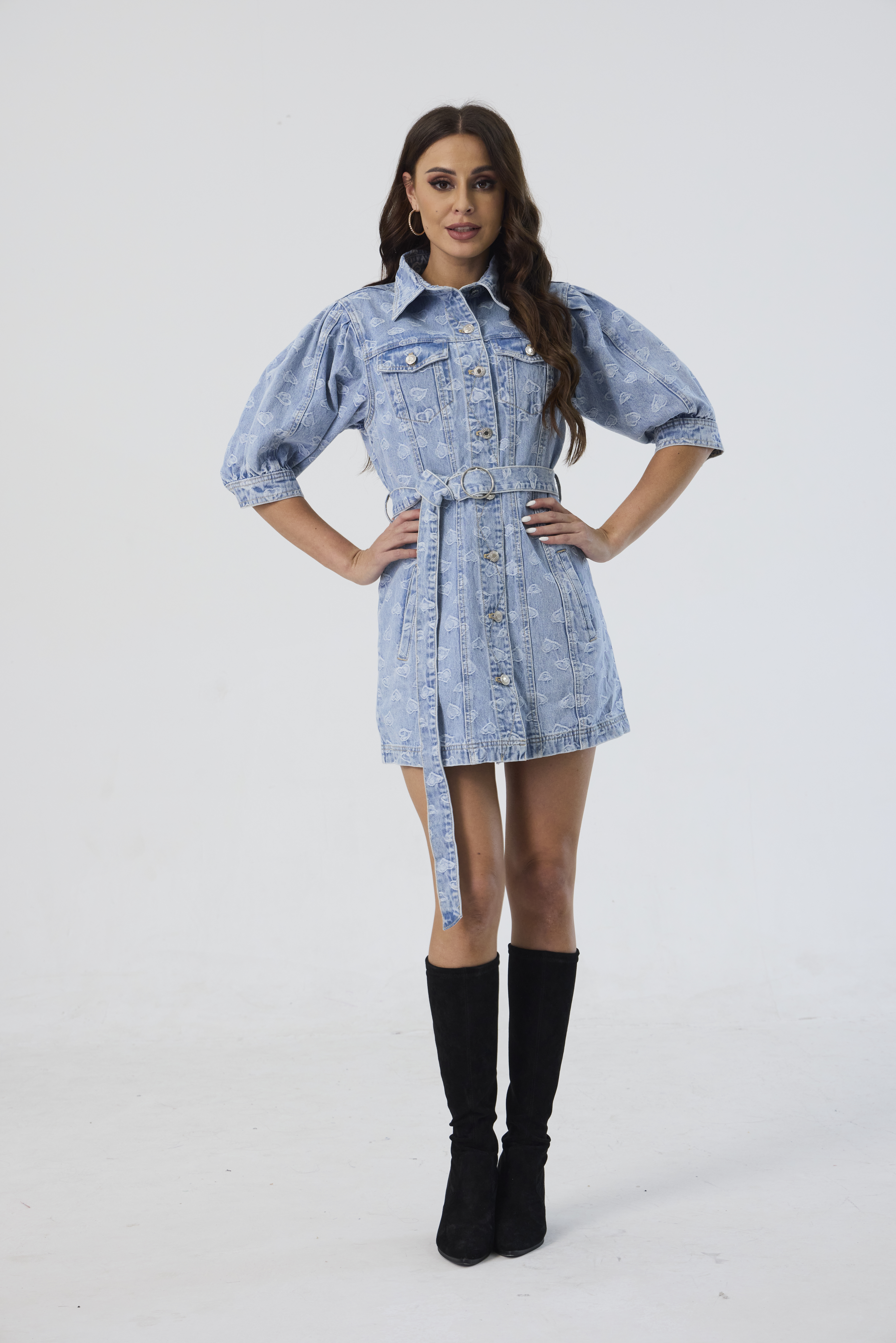 Custom Light Blue Puff-Sleeve Denim Shirt Dress with Belt Button-Down Jean Mini Dress for Women