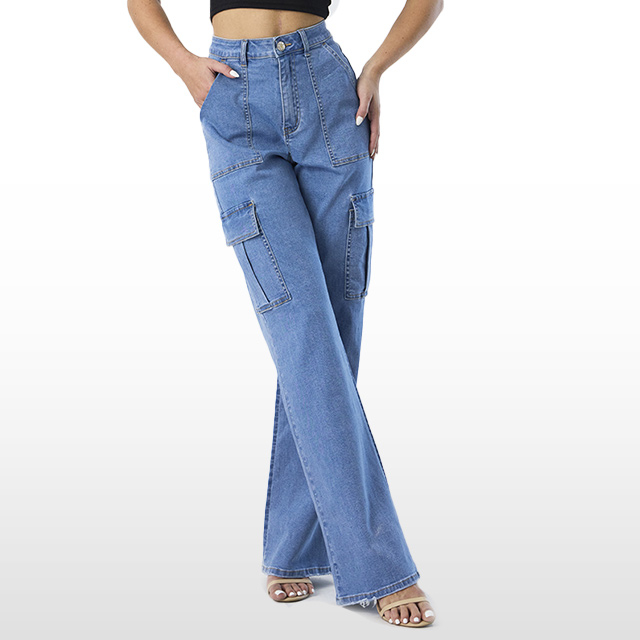 Custom High Waist Cargo Pocket Straight Jeans for Women