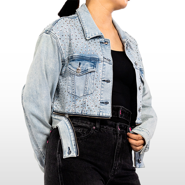 Custom Studded Denim Jeans Long Sleeve Short Fashion Jacket