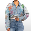 Custom Rhinestone Star Raw Hem Short Denim Jacket