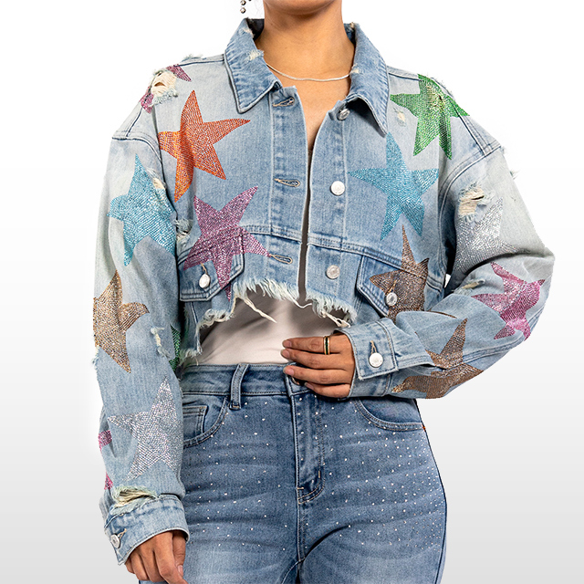 Custom Rhinestone Star Raw Hem Short Denim Jacket