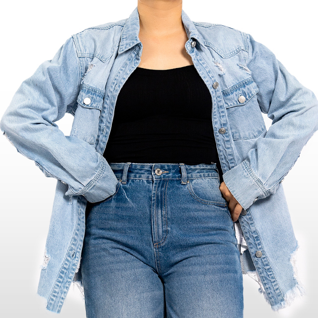 Custom Raw Hem Jean Jacket Light Blue Long Jacket