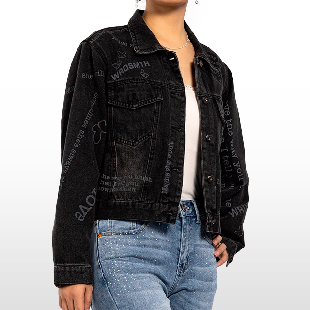 Custom Printed Black Denim Jacket Graffiti Long Sleeve Short Jacket